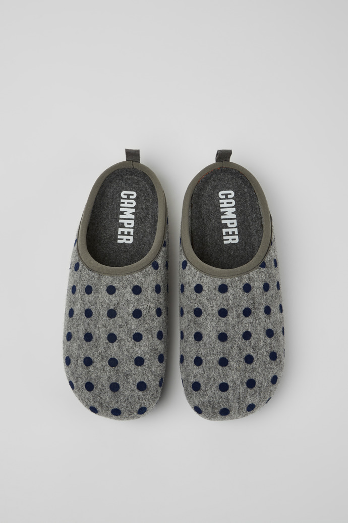 Overhead view of Wabi Gray and blue wool slippers for men