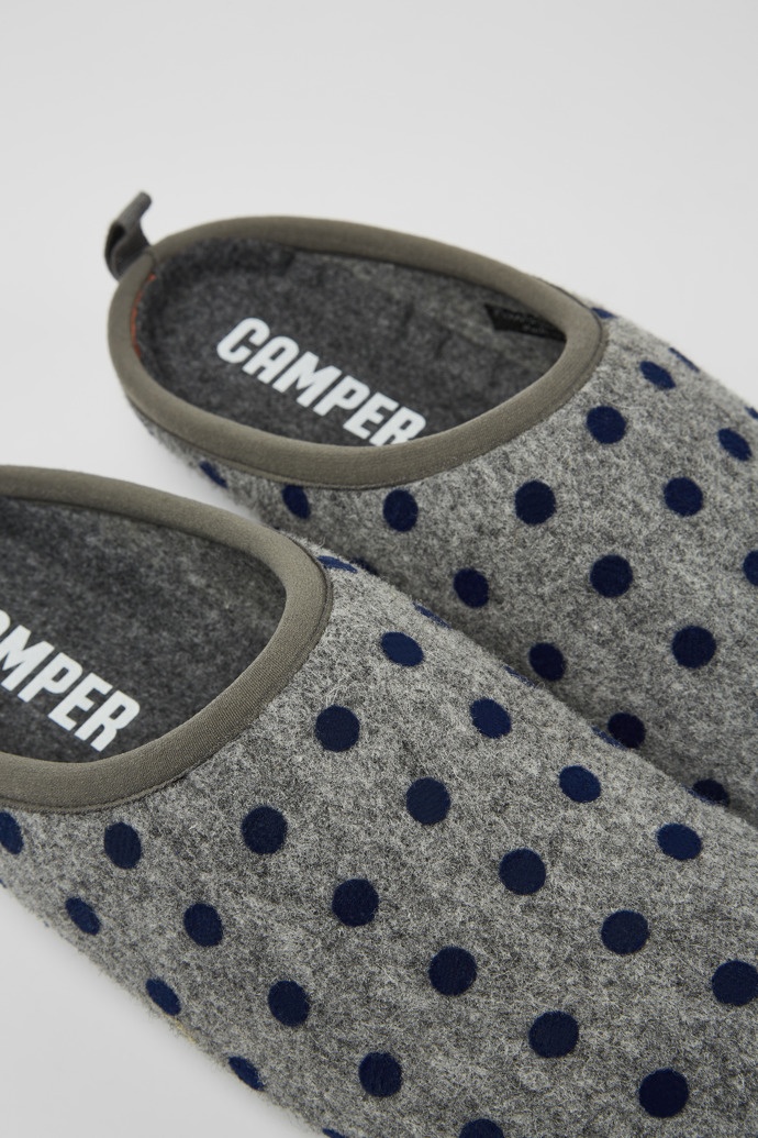 Close-up view of Wabi Gray and blue wool slippers for men