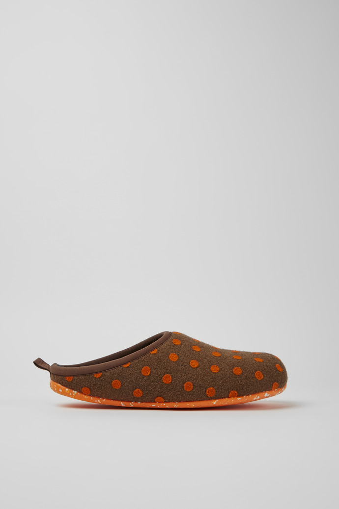 Side view of Wabi Brown and orange wool slippers for men