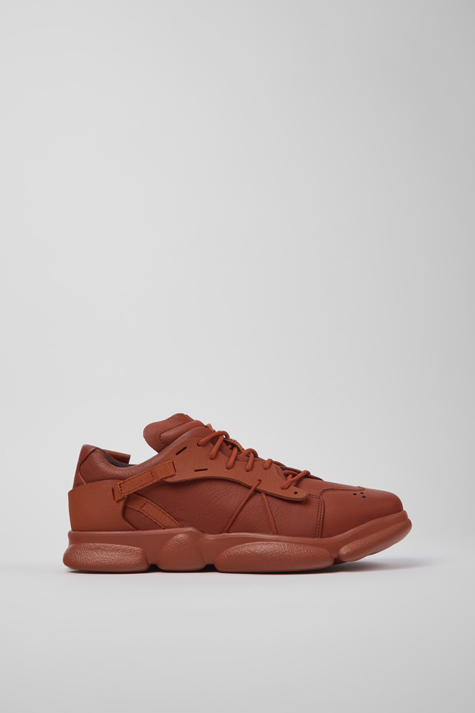 Image of Side view of Karst Red leather and textile sneakers for men