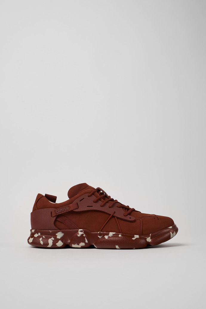 Side view of Karst Red nubuck and textile sneakers for men