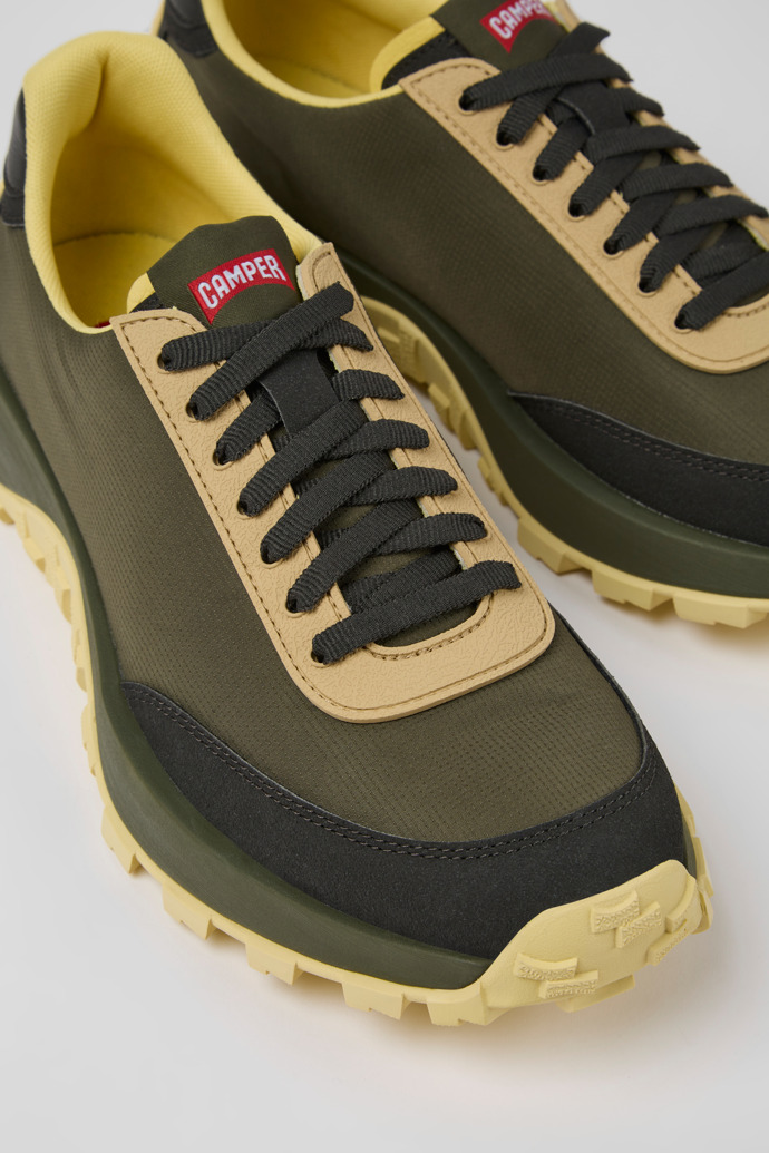Close-up view of Drift Trail Green textile and nubuck sneakers for men
