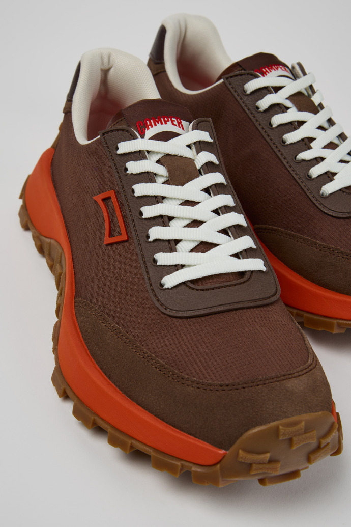 Close-up view of Drift Trail Brown Textile and Nubuk Sneakers for Men.