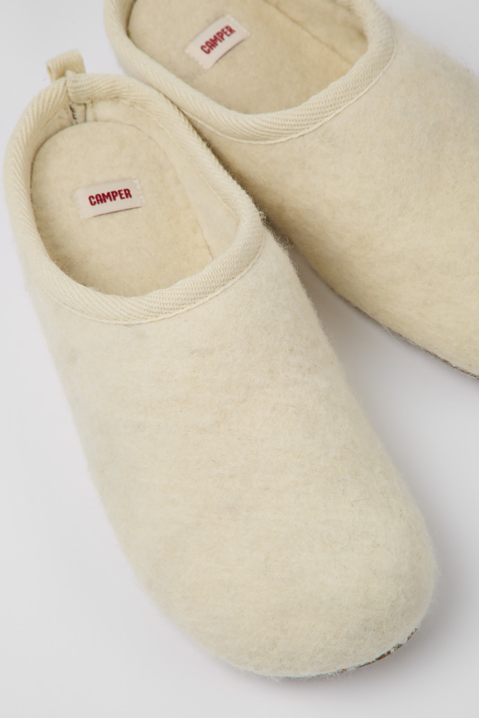 Close-up view of Wabi Beige wool slippers for men