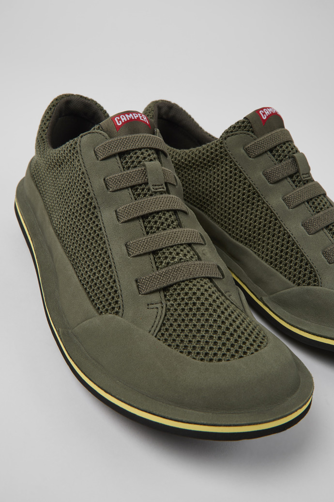 Close-up view of Beetle Green textile and nubuck shoes for men