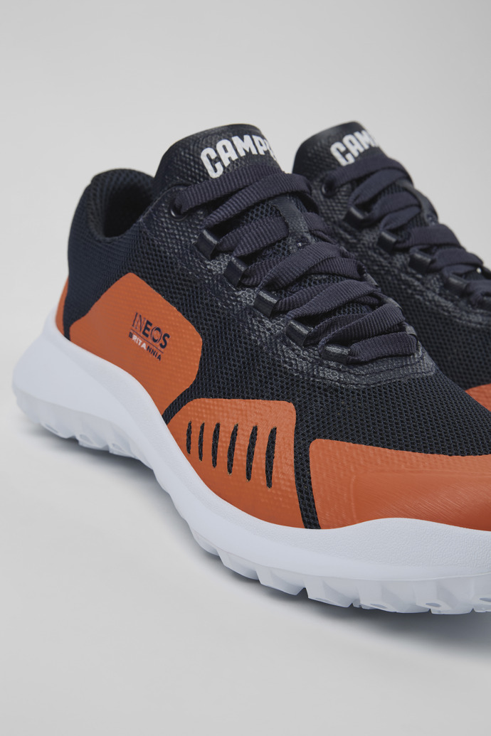 Close-up view of Camper x INEOS Britannia Blue and Orange Textile Sneakers for Men