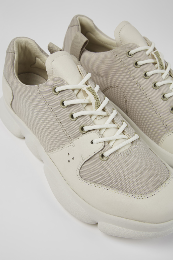 Close-up view of Karst White leather and recycled PET sneakers for men