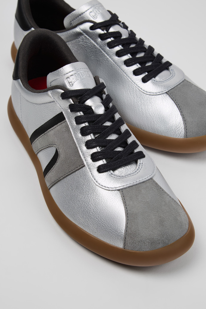 Close-up view of Pelotas Soller Silver-black Leather and Nubuck Sneakers for Men.