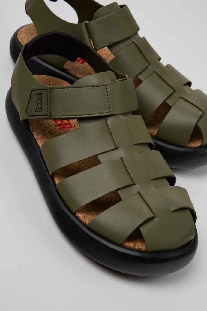 Close-up view of Pelotas Flota Green Leather Men's Sandals.