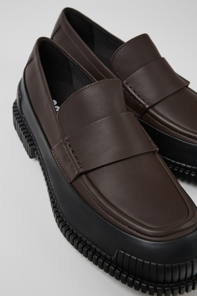 Close-up view of Pix Brown-black Leather Moccasin for Men