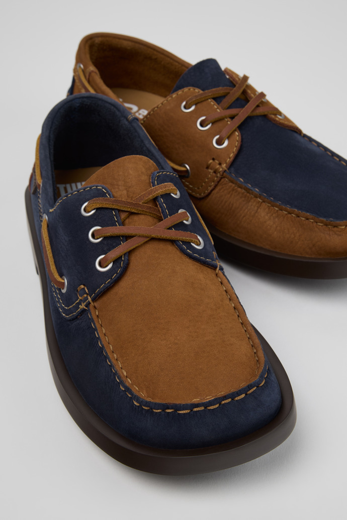 Close-up view of Twins Blue and Brown Nubuck Nautical Moccasins for Men.