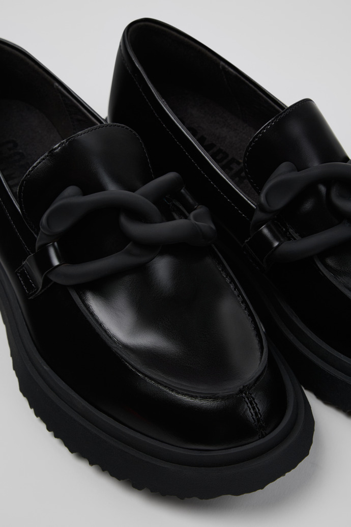 Close-up view of Walden Black Leather Moccasin Shoes for Men.