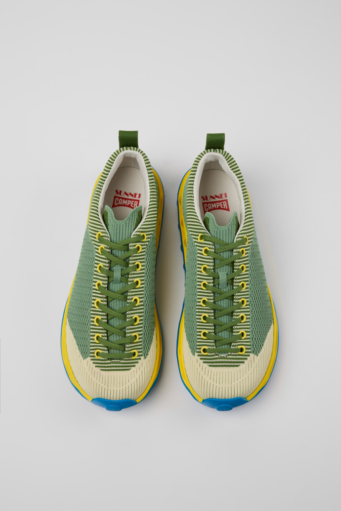 Overhead view of Camper x SUNNEI - PELOTISSIMA Green, Blue and White Textile Sneakers for Men.