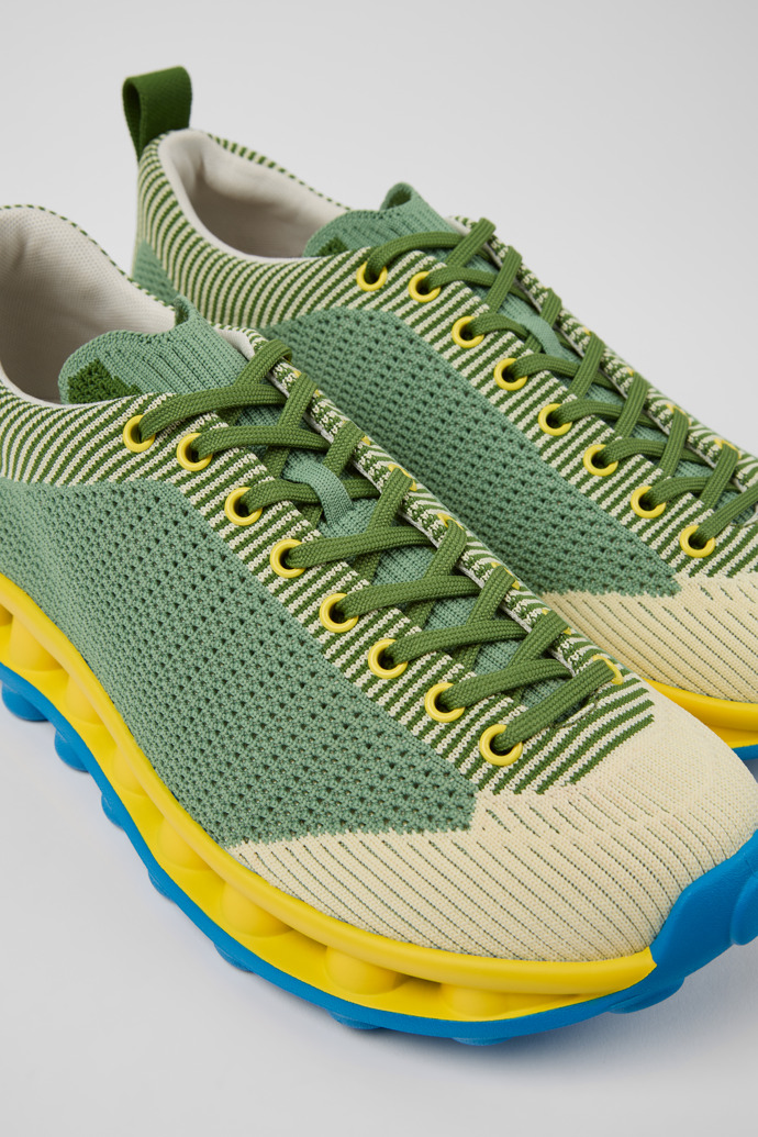Close-up view of Camper x SUNNEI - PELOTISSIMA Green, Blue and White Textile Sneakers for Men.