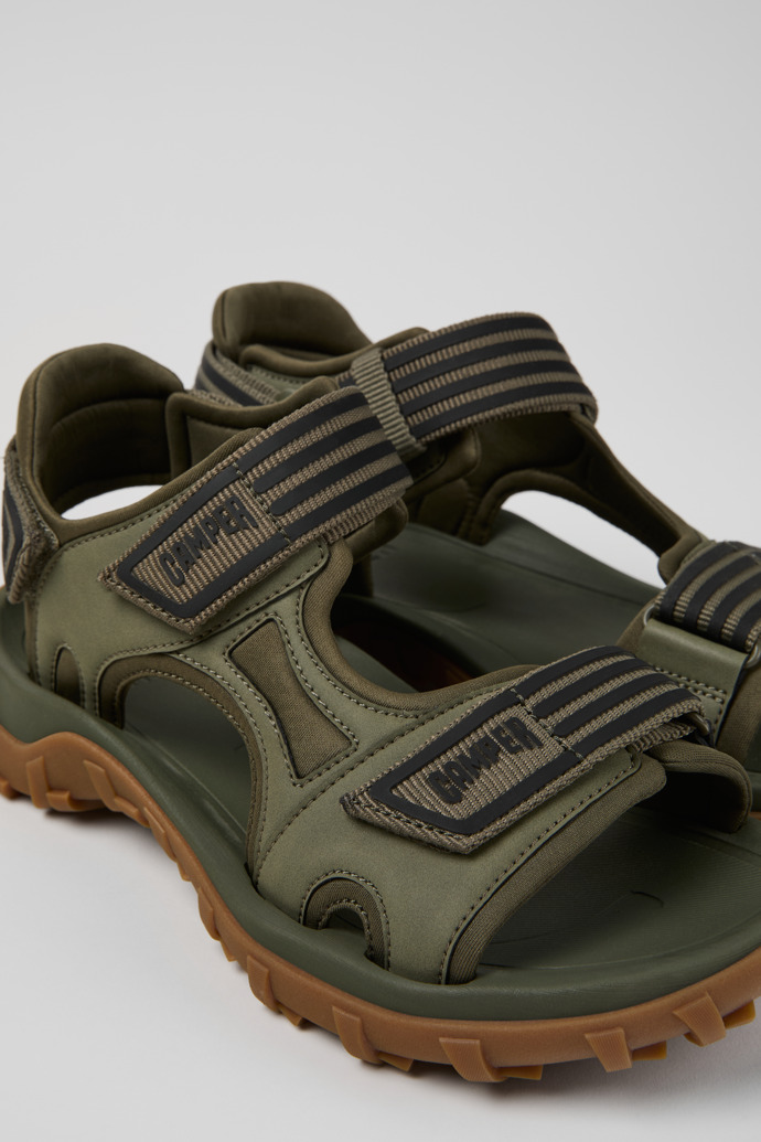 Close-up view of Drift Trail Sandal Green Recycled PET and Leather Sandals for Men.