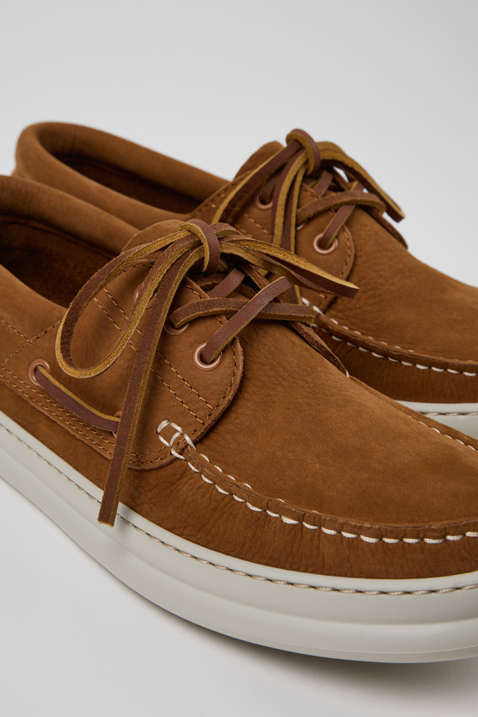 Close-up view of Runner Brown Nubuck Leather Nautical Moccasins for Men.
