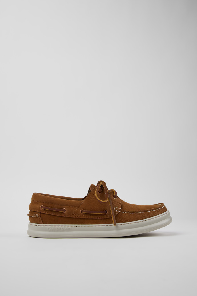 Side view of Runner Brown Nubuck Leather Nautical Moccasins for Men.