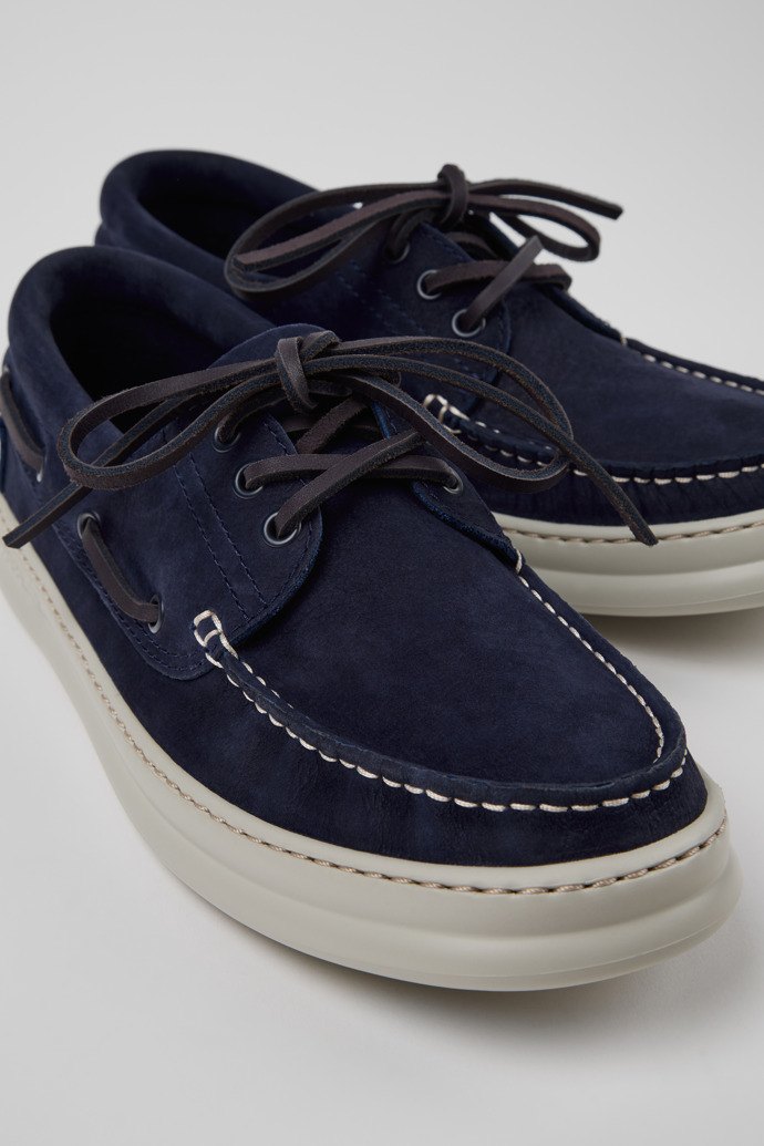 Close-up view of Runner Blue Nubuck Leather Moccasins for Men.