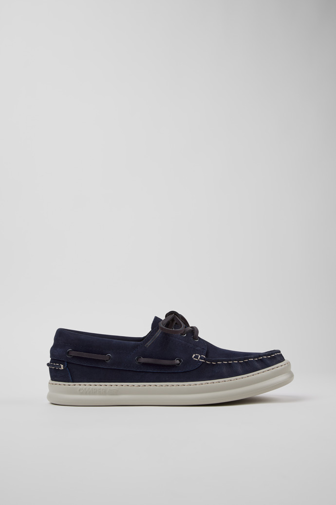 Side view of Runner Blue Nubuck Leather Moccasins for Men.