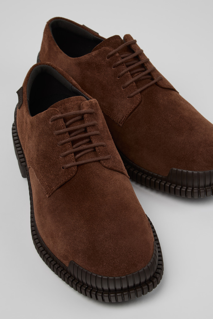 Close-up view of Pix Brown Suede Leather Shoes for Men.