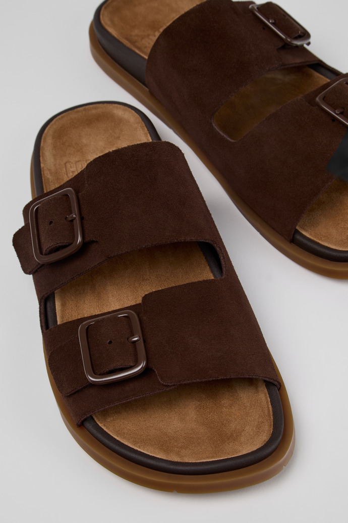 Close-up view of Lluc Sandal Brown Suede Leather Sandals for Men.