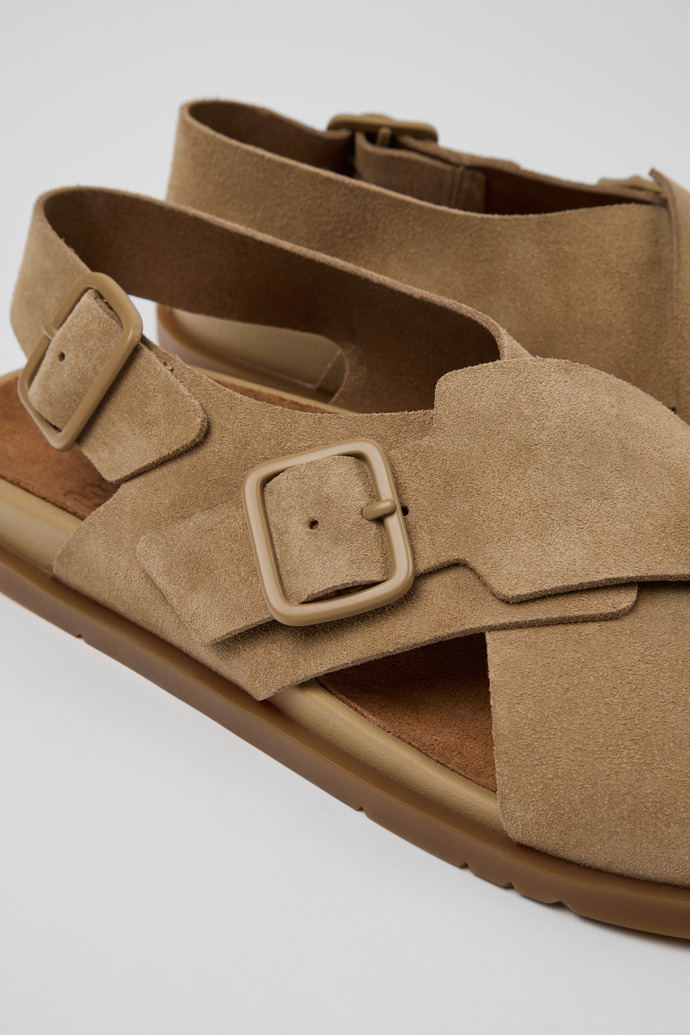 Close-up view of Lluc Sandal Brown Suede Leather Sandals for Men.