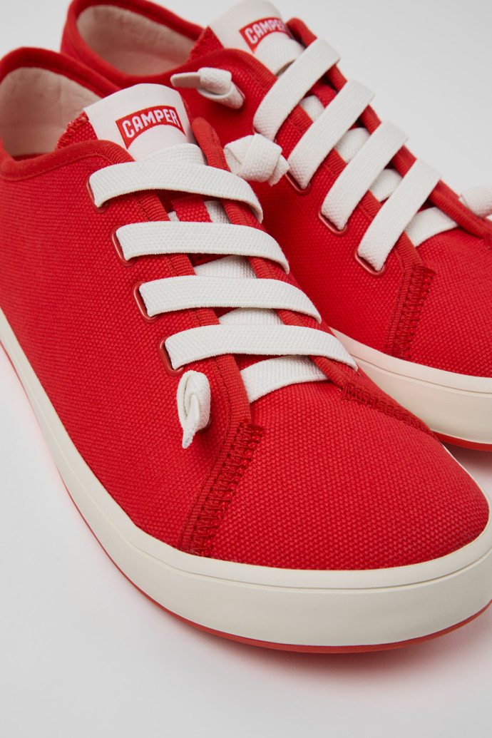 Close-up view of Peu Rambla II Red Textile Sneakers for Men with Rubber Outsoles.