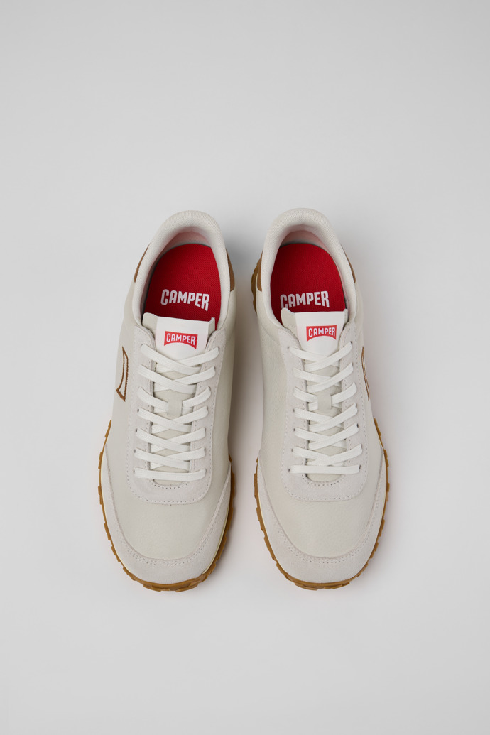 Overhead view of Drift Walk White and Brown Leather and Nubuck Sneakers for Men.