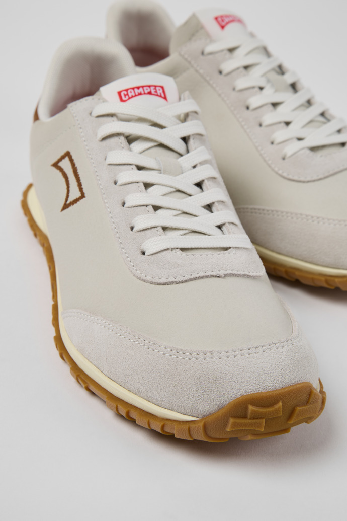 Close-up view of Drift Walk White and Brown Leather and Nubuck Sneakers for Men.