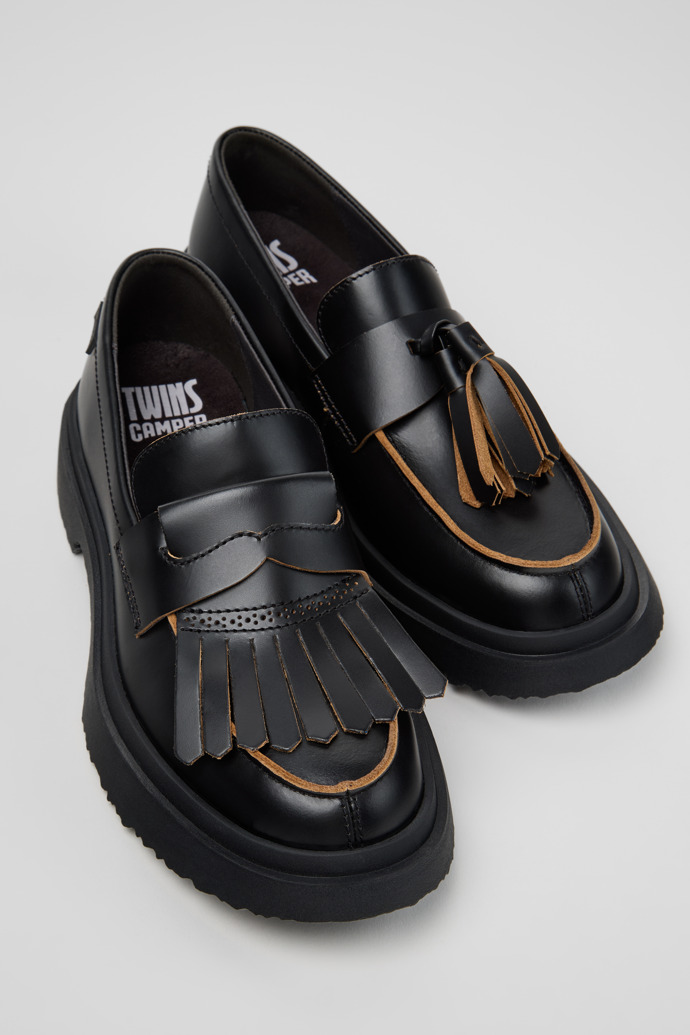 Close-up view of Twins Black Leather Nautical Shoes for Men.