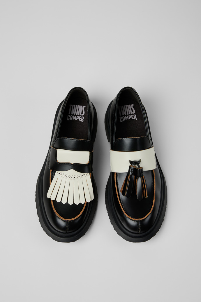 Overhead view of Twins Black and White Leather Nautical Shoes for Men.