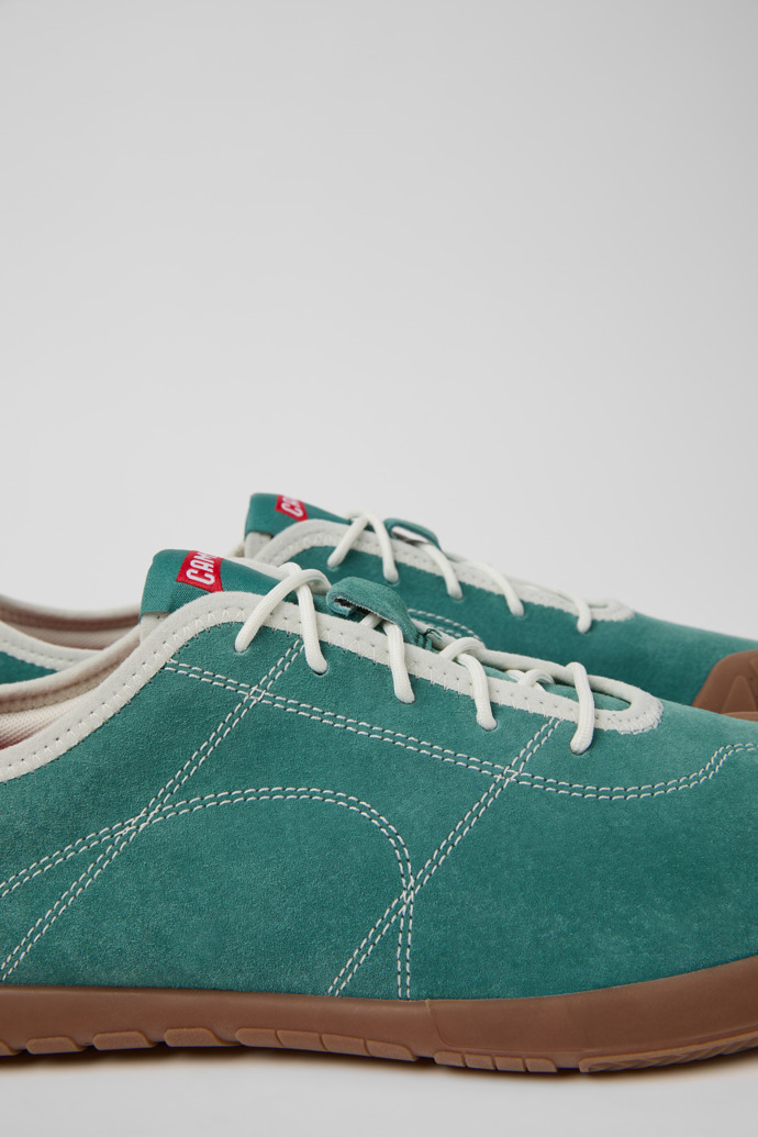 Close-up view of Peu Path+ Green Leather Sneakers for Men.