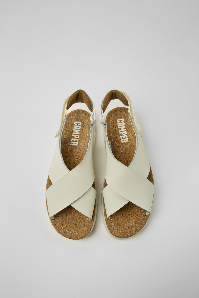 Overhead view of Oruga White leather and recycled PET sandals for women