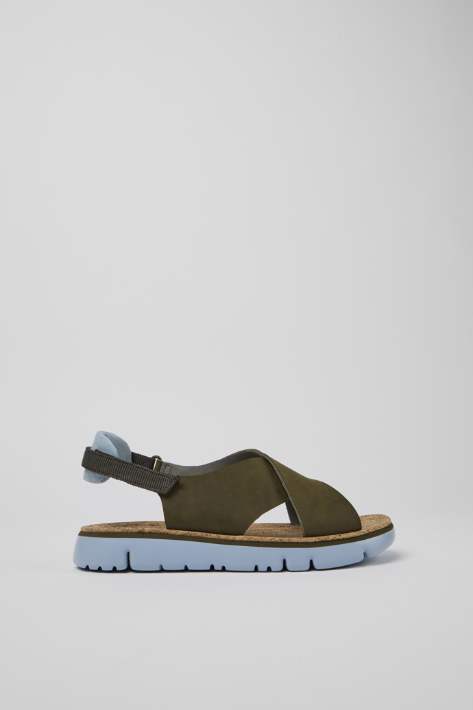 Side view of Oruga Green, blue, and grey sandals for women
