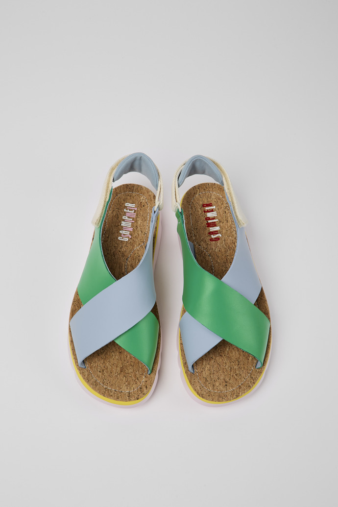 Overhead view of Twins Green and blue sandals for women