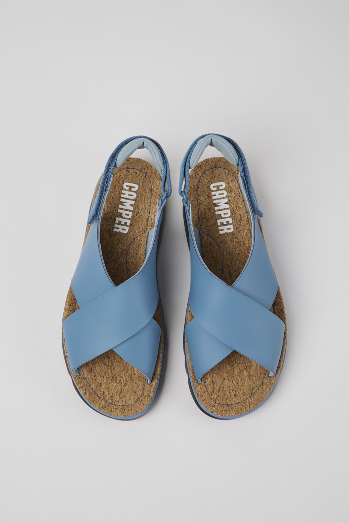 Overhead view of Oruga Blue leather and textile sandals for women