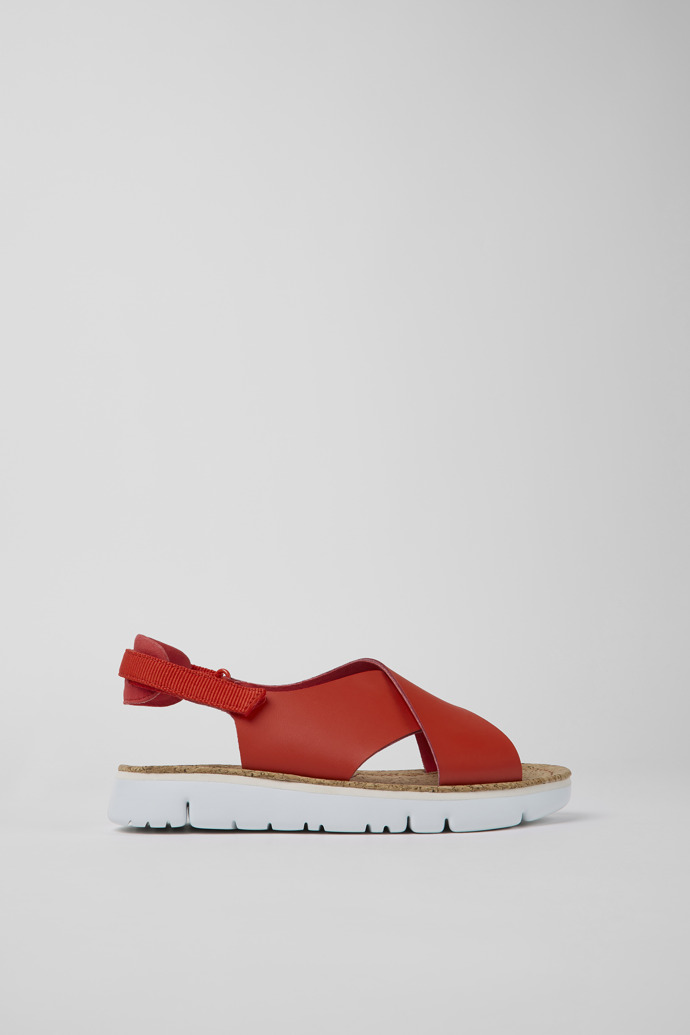 Side view of Oruga Red leather and textile sandals for women