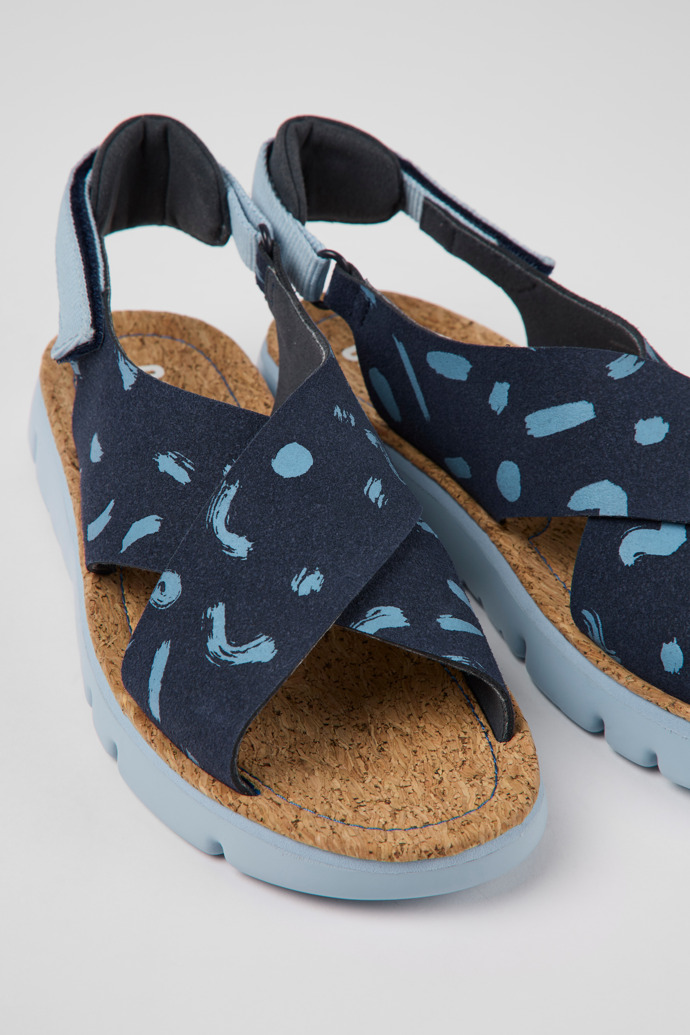 Close-up view of Oruga Multicolored nubuck and textile sandals for women