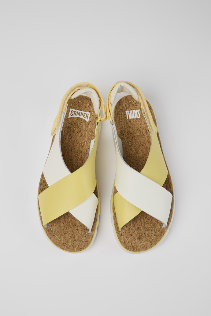 Image of Overhead view of Twins White and yellow leather and textile sandals for women