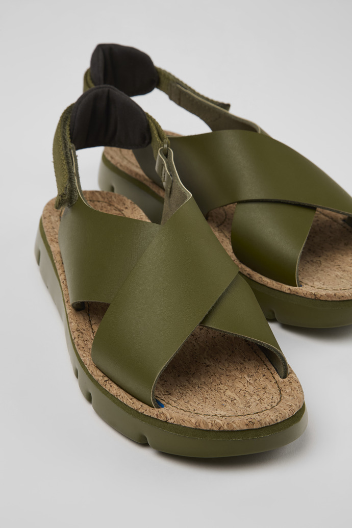 Close-up view of Oruga Green Leather/Textile Sandal for Women
