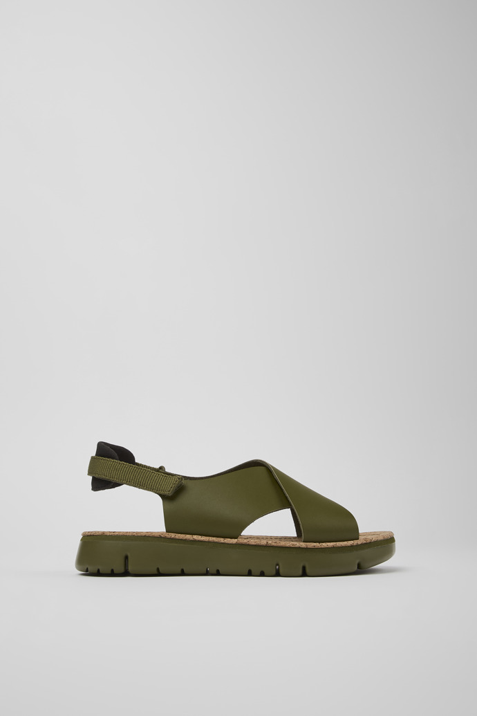 Side view of Oruga Green Leather/Textile Sandal for Women