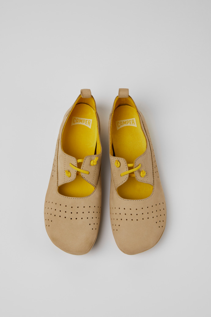 Overhead view of Right Beige and yellow nubuck shoes for women