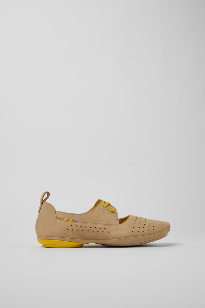 Image of Side view of Right Beige and yellow nubuck shoes for women