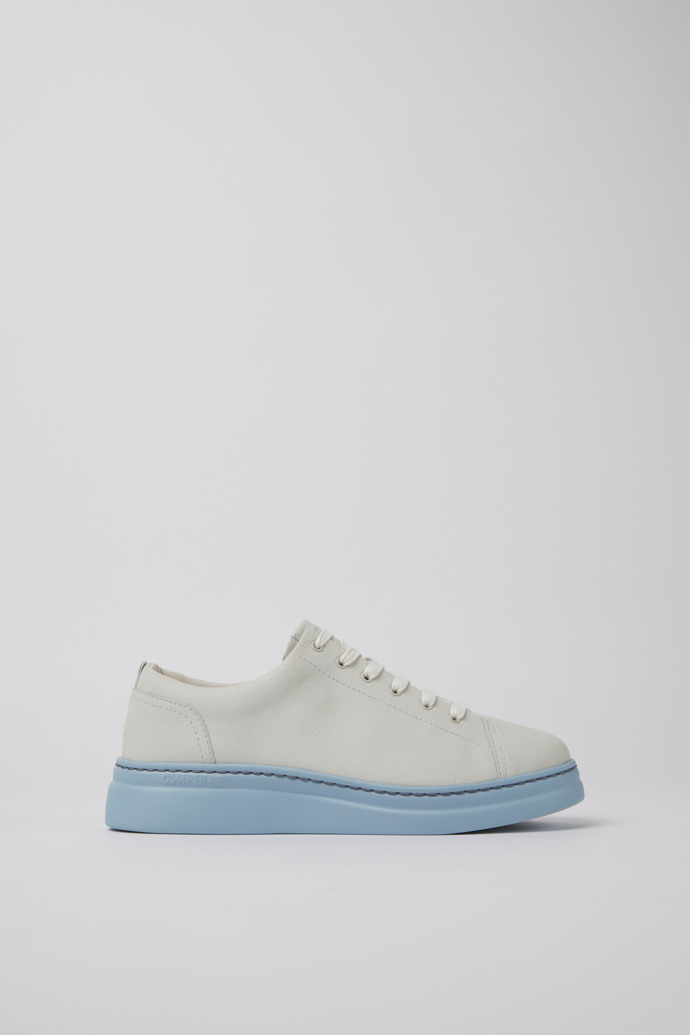 Side view of Runner Up White and blue non-dyed leather sneakers for women