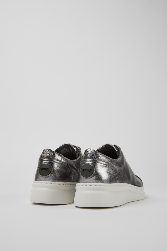 Back view of Runner Up Gray metallic leather sneakers for women