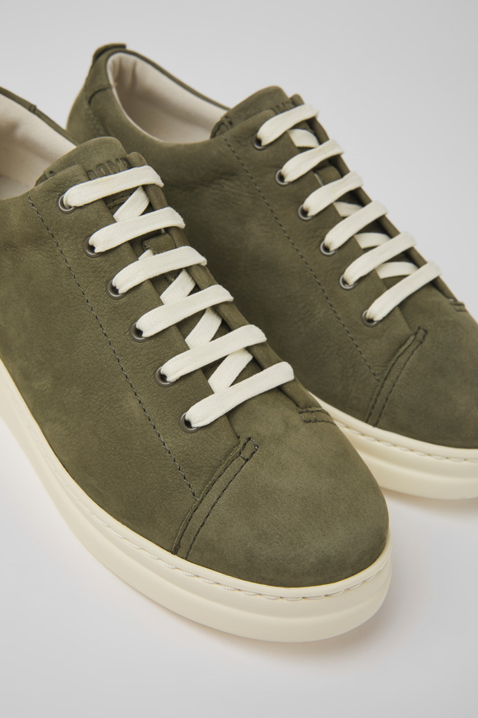 Close-up view of Runner Up Green nubuck sneakers for women