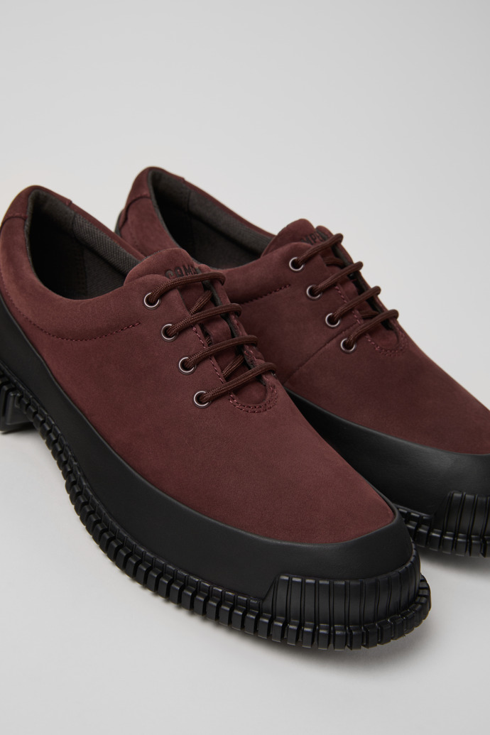 Close-up view of Pix Burgundy Nubuck and Leather Shoes for Women.