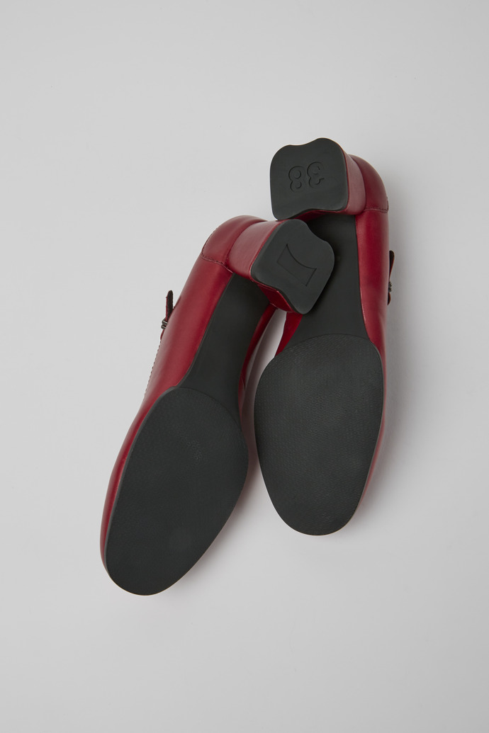 The soles of Katie Red leather Mary Jane heels