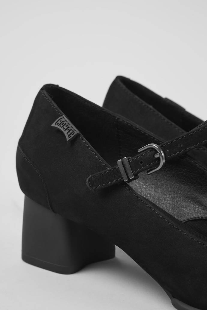 Close-up view of Katie Black nubuck Mary Jane heels