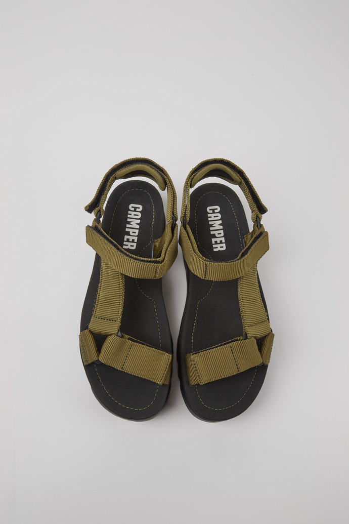 Overhead view of Oruga Up Green recycled PET sandals for women
